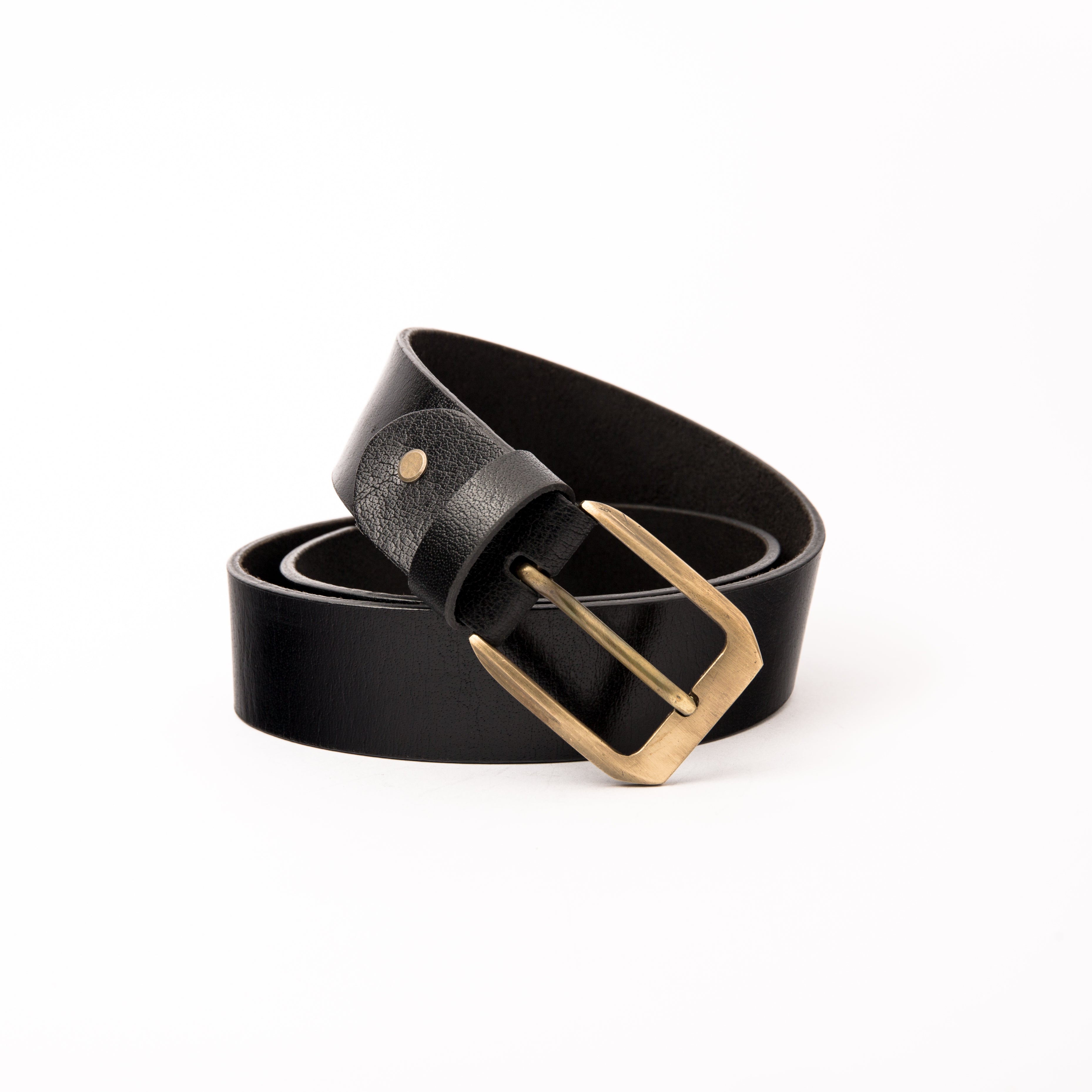 Photo of a casual black leather belt with a polished copper buckle, shown rolled on a clean white background, highlighting the premium natural leather texture and the sleek copper hardware.