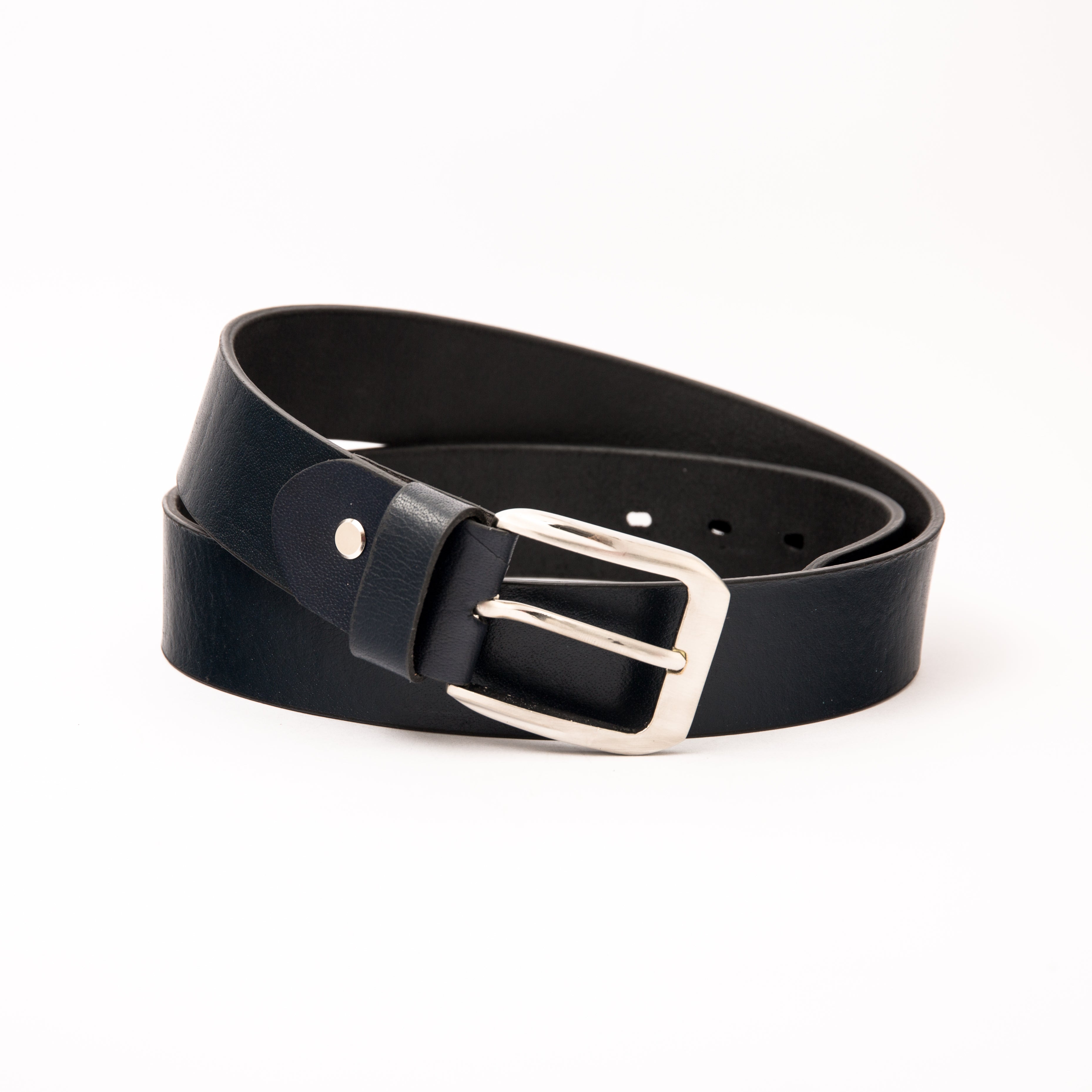 Photo of a casual navy blue leather belt with a polished silver buckle, shown rolled on a clean white background, highlighting the premium natural leather texture and the sleek silver hardware.
