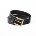 Photo of a casual navy leather belt with a polished copper buckle, shown rolled on a clean white background, highlighting the premium natural leather texture and the sleek copper hardware.
