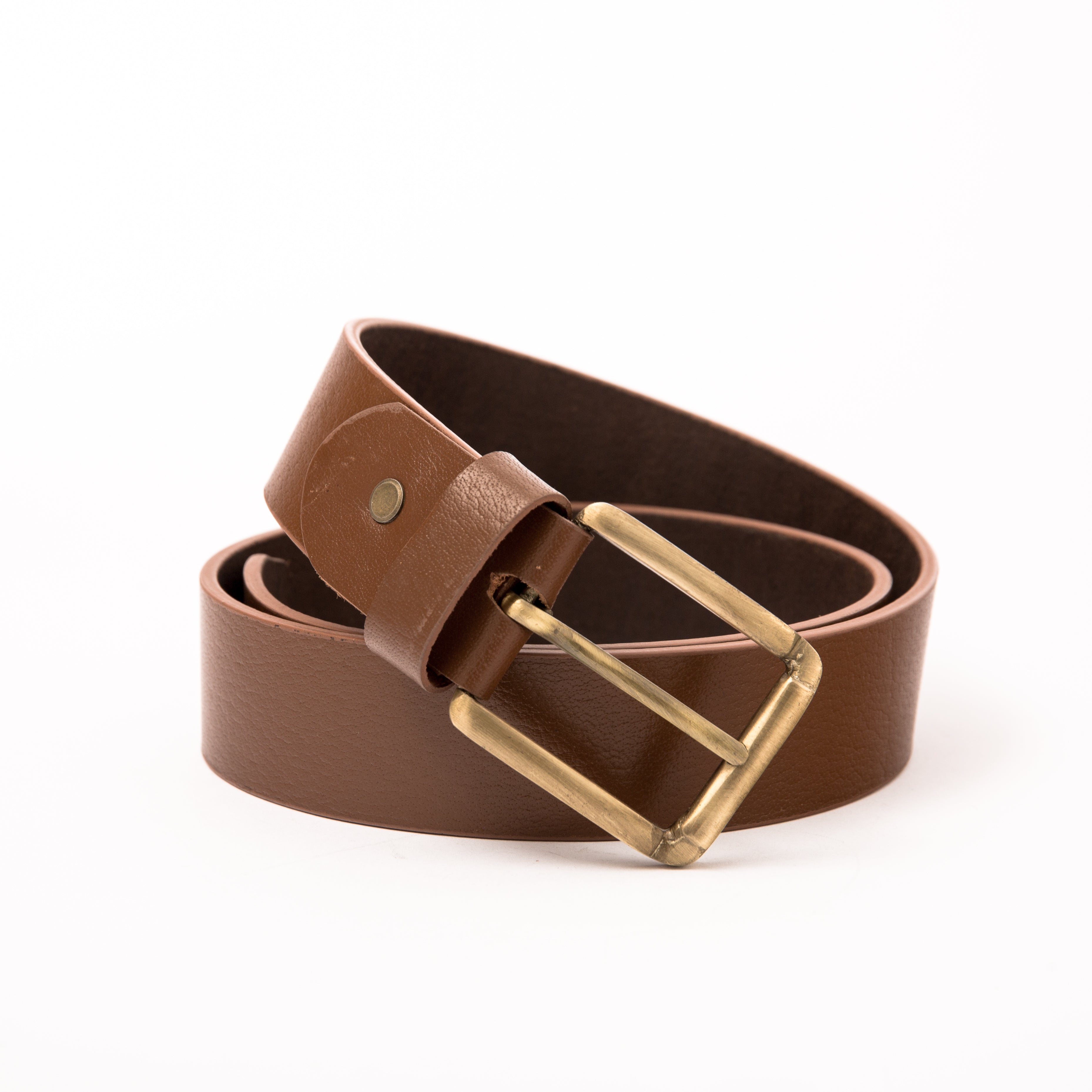 Photo of a casual tan leather belt with a polished copper buckle, shown rolled on a clean white background, highlighting the premium natural leather texture and the sleek copper hardware.
