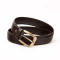 Photo of a classic brown leather belt with a polished copper buckle, shown rolled on a clean white background, highlighting the premium natural leather texture and the sleek copper hardware.