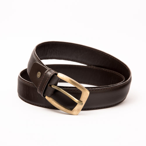 Photo of a classic brown leather belt with a polished copper buckle, shown rolled on a clean white background, highlighting the premium natural leather texture and the sleek copper hardware.