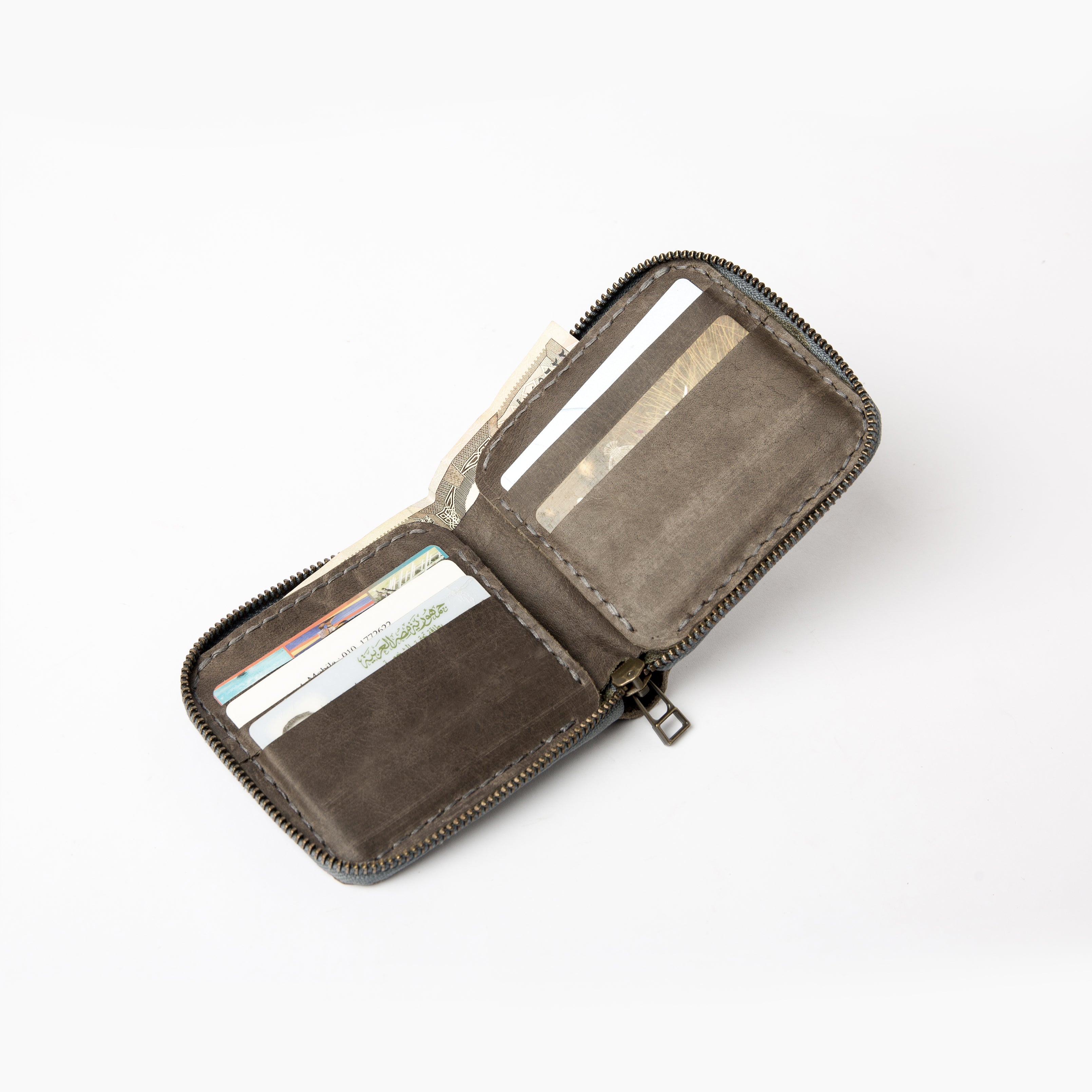 Open view of Secure zip-around handmade leather grey wallet- Lionell.