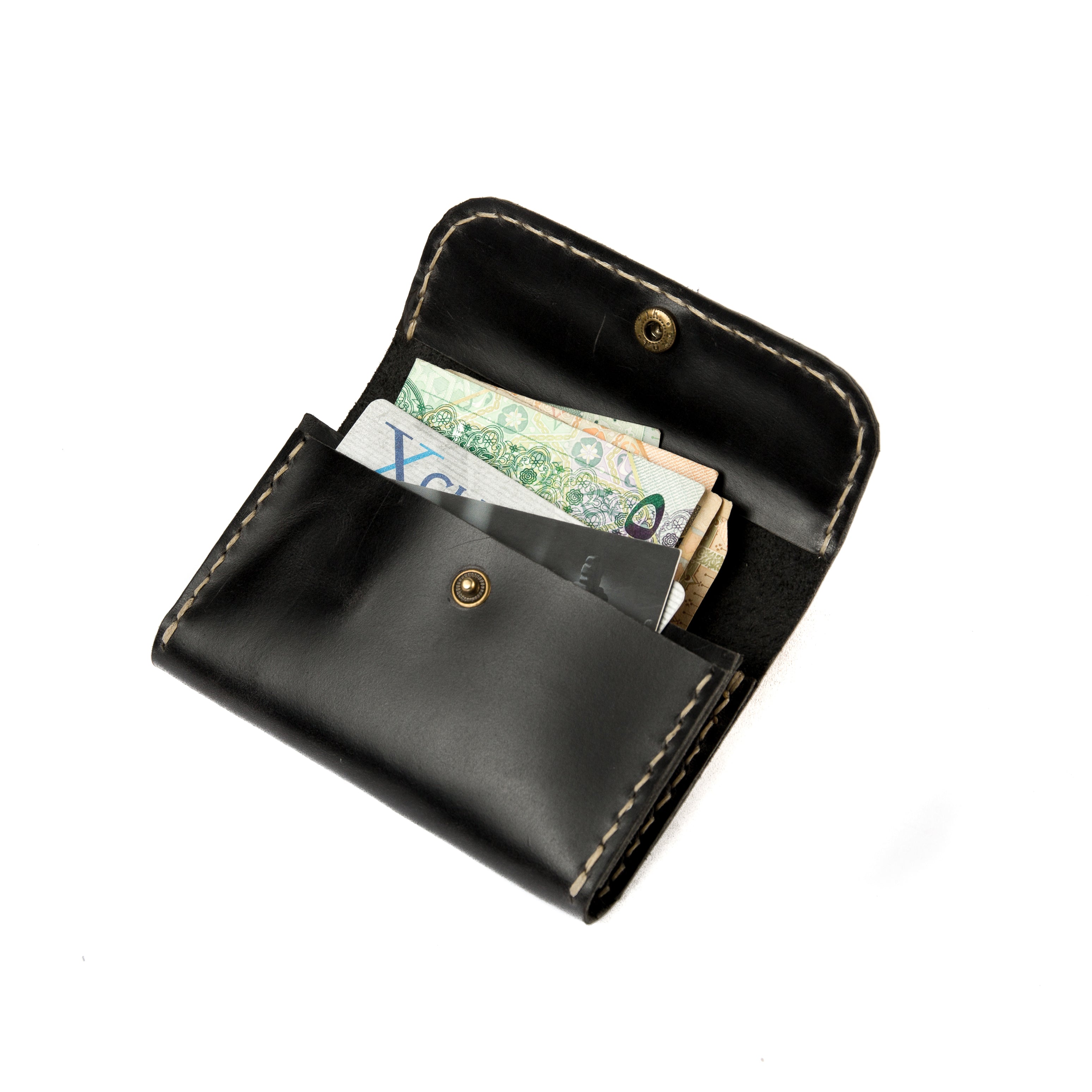 Open view of Lionell handmade compact leather wallet in black color