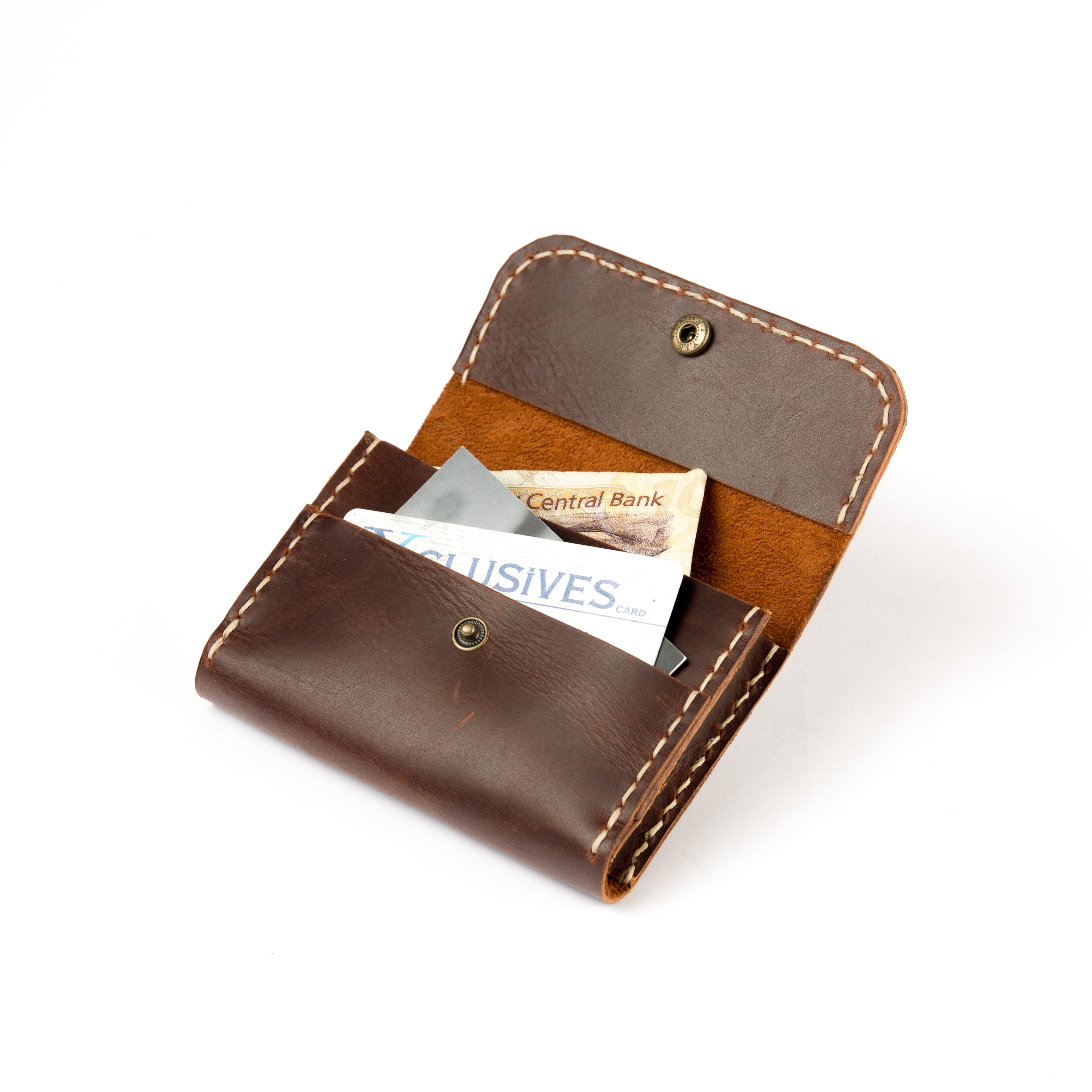 Open view of Lionell handmade compact leather wallet in chestnut color