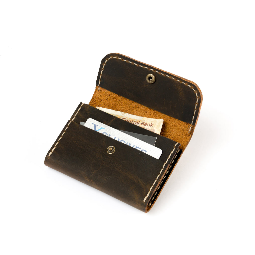 Open view of Lionell handmade compact leather wallet in golden dust color