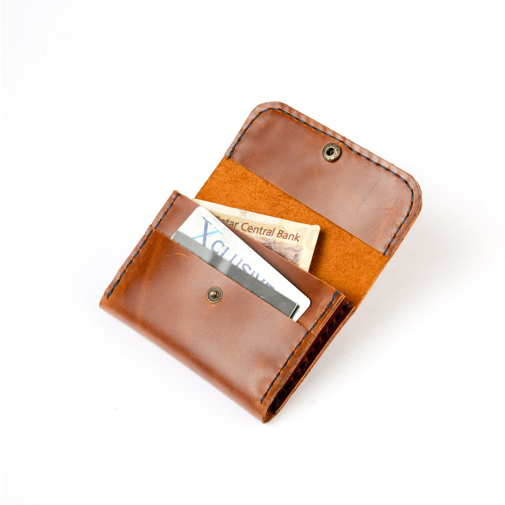 Open view of Lionell handmade compact leather wallet in havan color