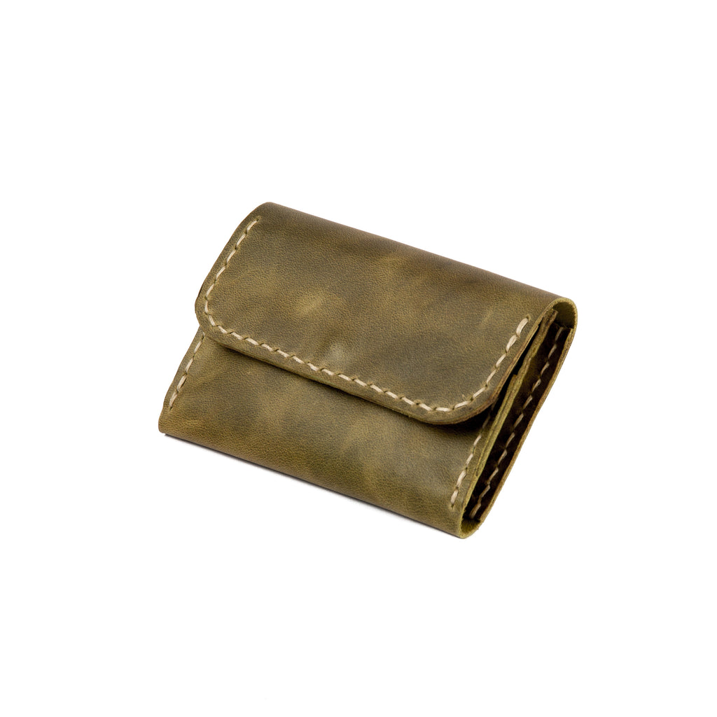 Closed view of Lionell handmade compact leather wallet in olive color