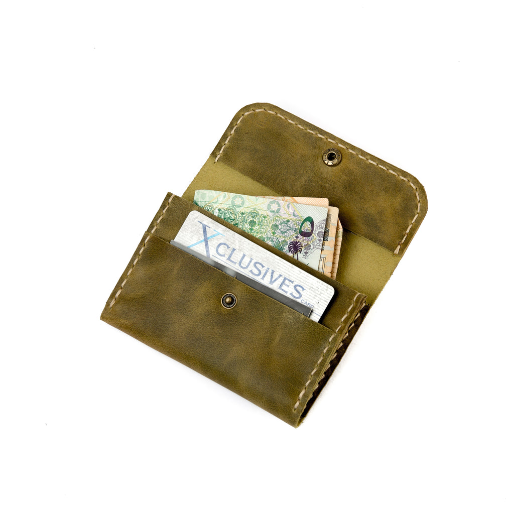 Open view of Lionell handmade compact leather wallet in olive green color