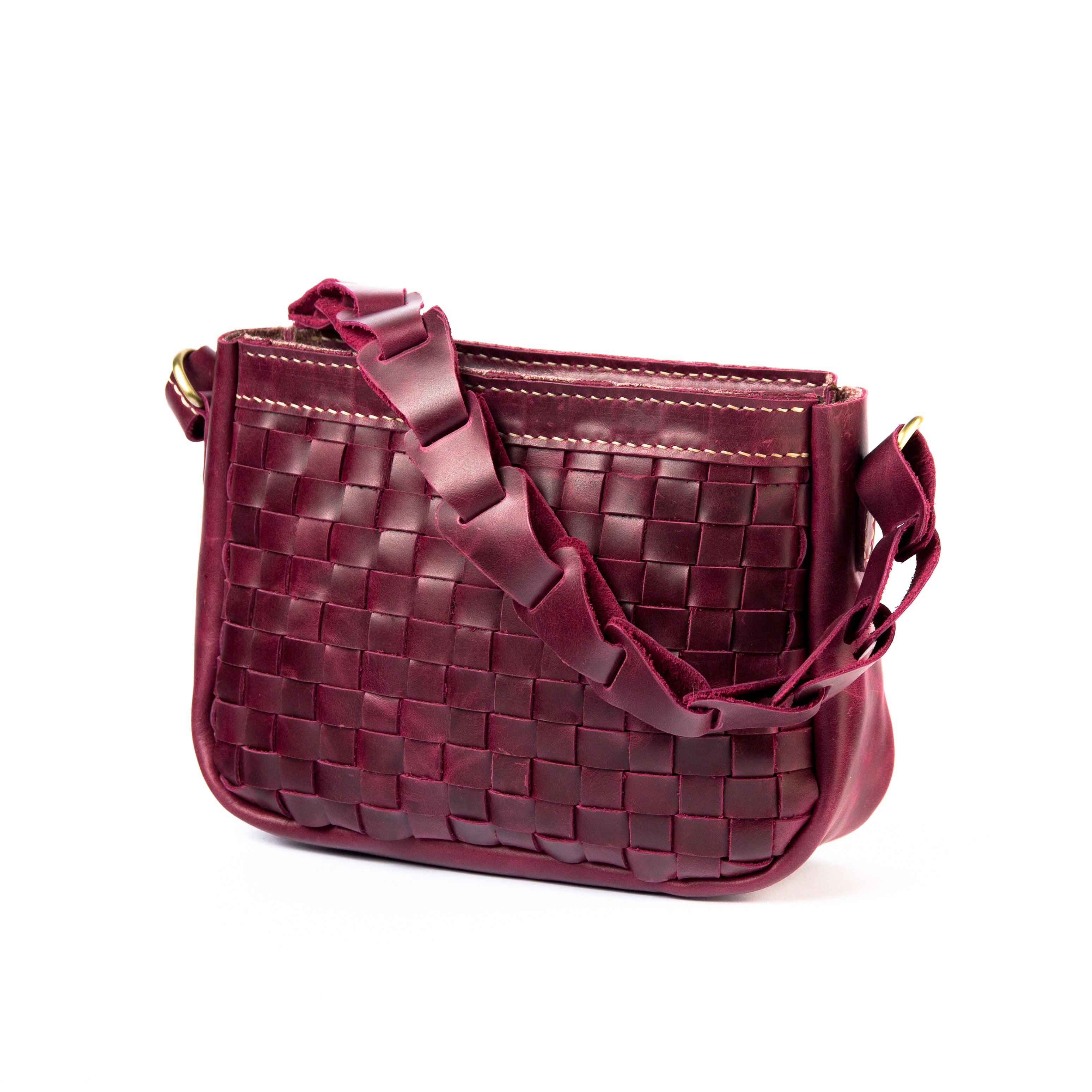 Front view of Lionell handmade Jadal Weave leather bag in burgundy color