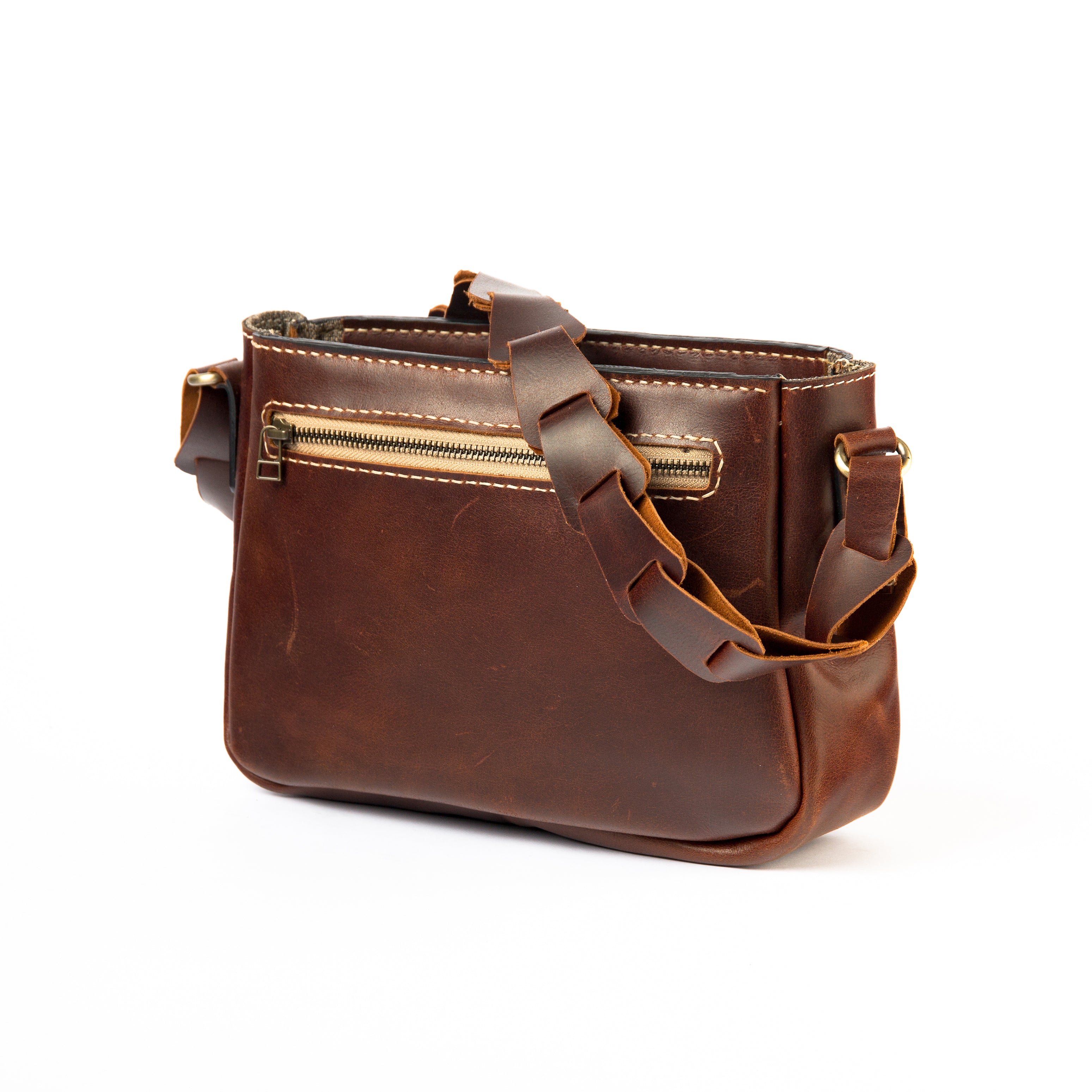 Back view of Lionell handmade Jadal Weave leather bag in chestnut color