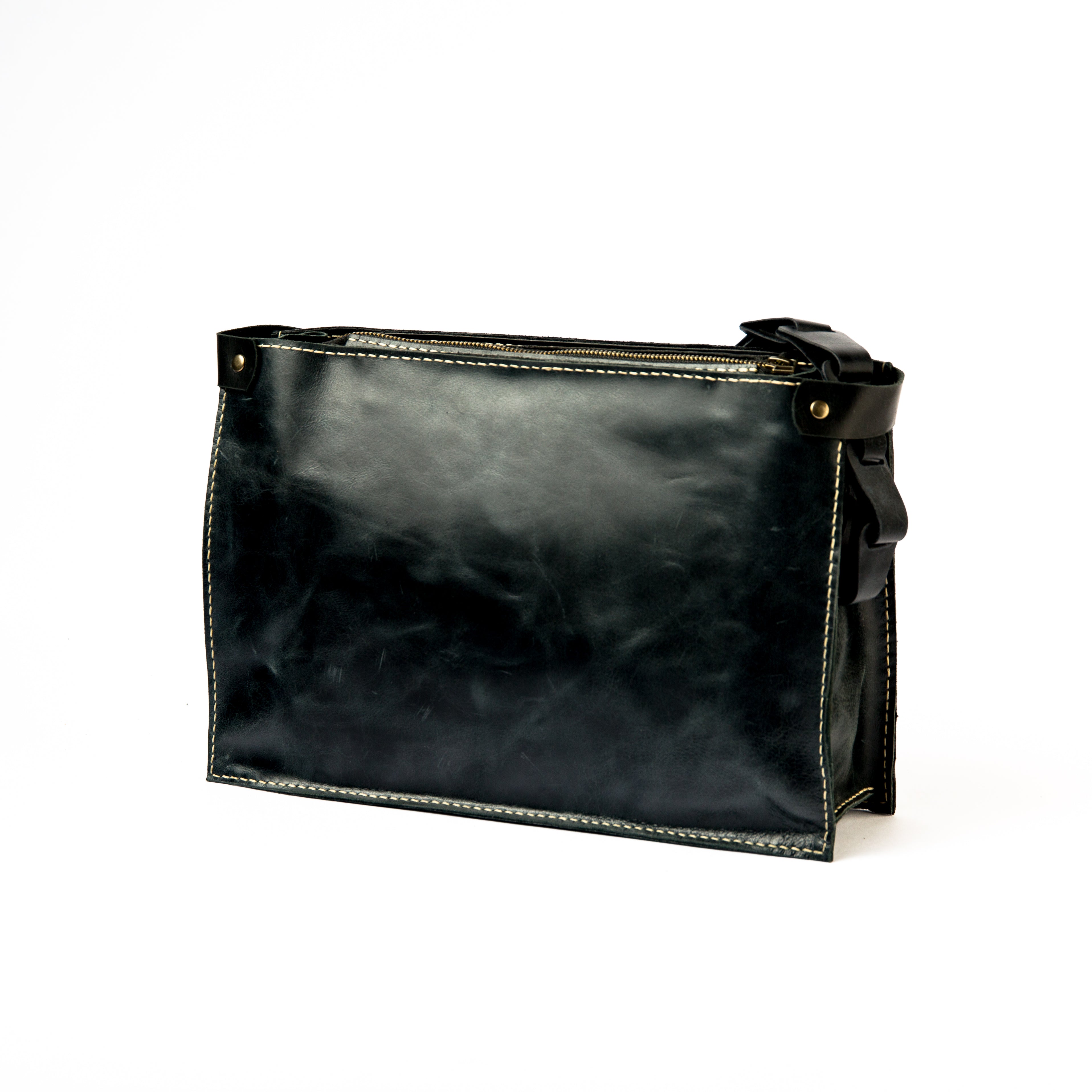 Back view of Lionell black large braided leather shoulder bag. Handwoven with a perfect, intricate design.