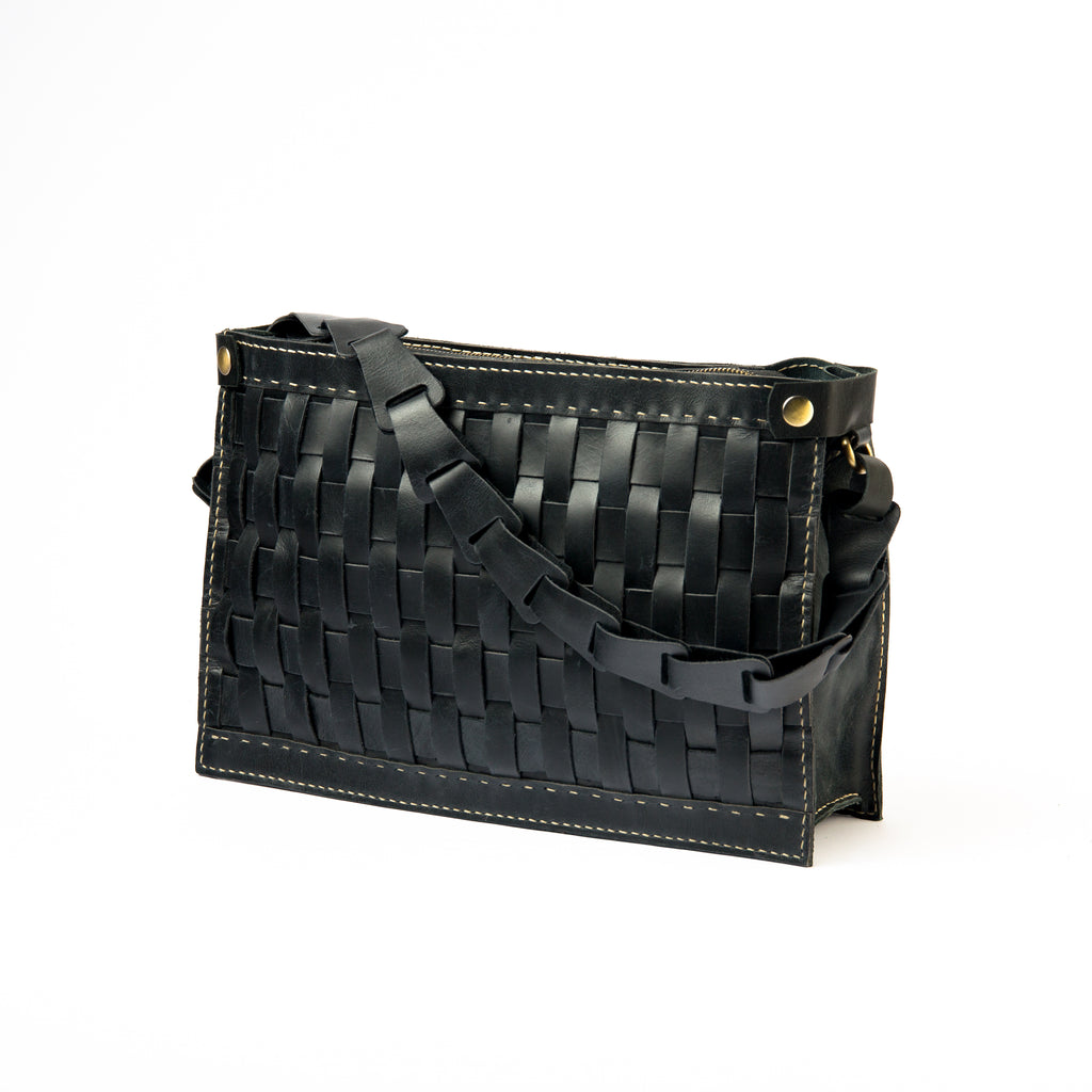 Front view of Lionell black large braided leather shoulder bag. Handwoven with a perfect, intricate design.
