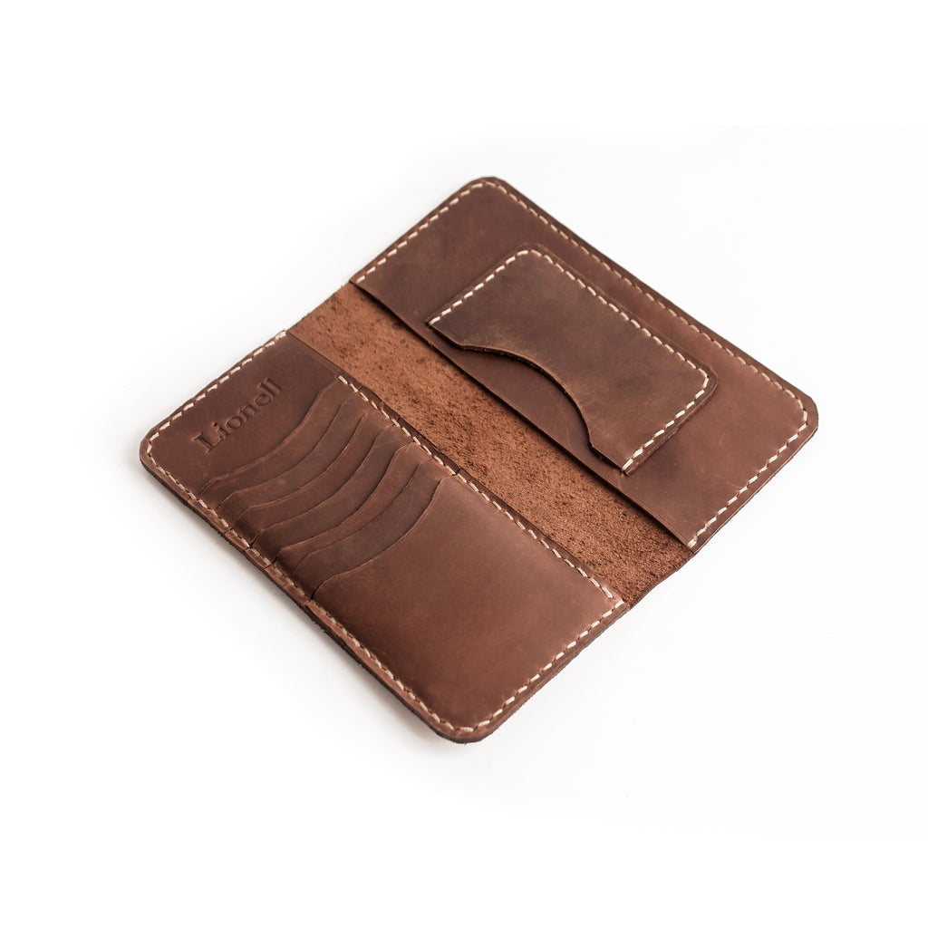 Open view of Lionell leather long wallet showing 6 vertical card slots, cash pocket, and embossed logo.