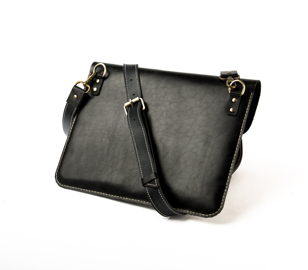 Back view for Lionell handmade rustic slim laptop case in Black vintage leather. Durable design.