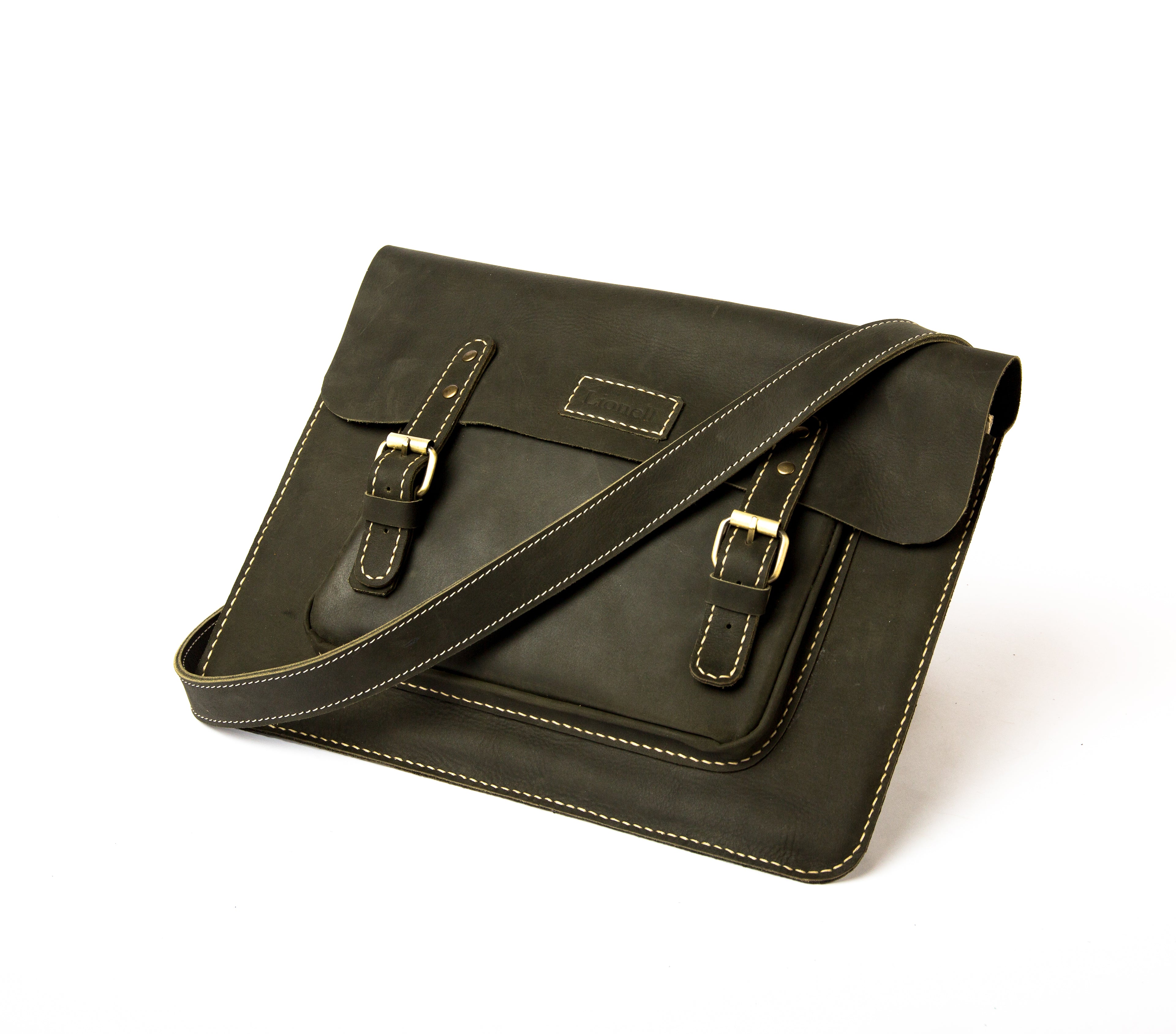 Front view for Lionell handmade rustic slim laptop case in Royal Oil vintage leather. Durable design.