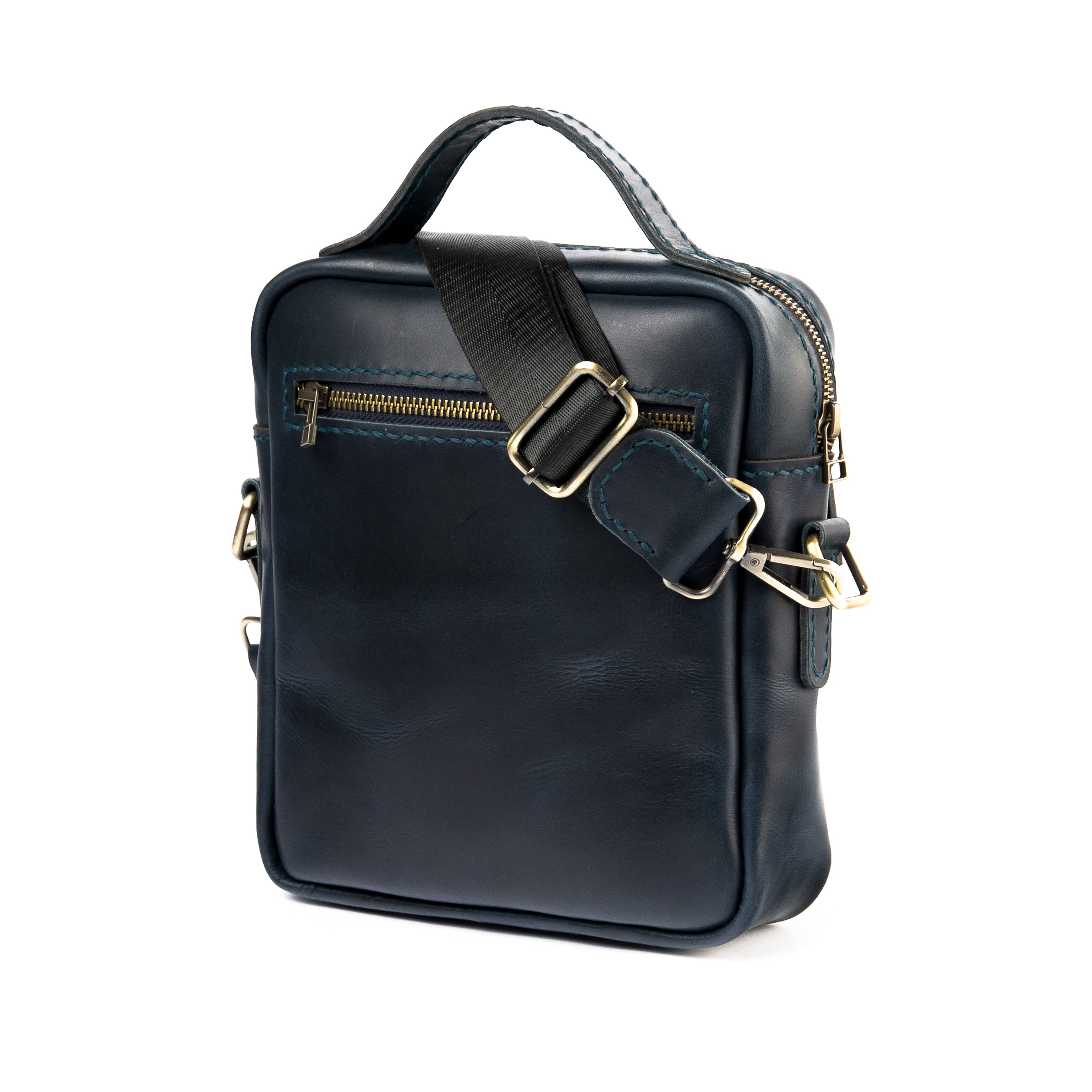 Back view of Lionell vintage leather crossbody bag for men in Navy color on white background.
