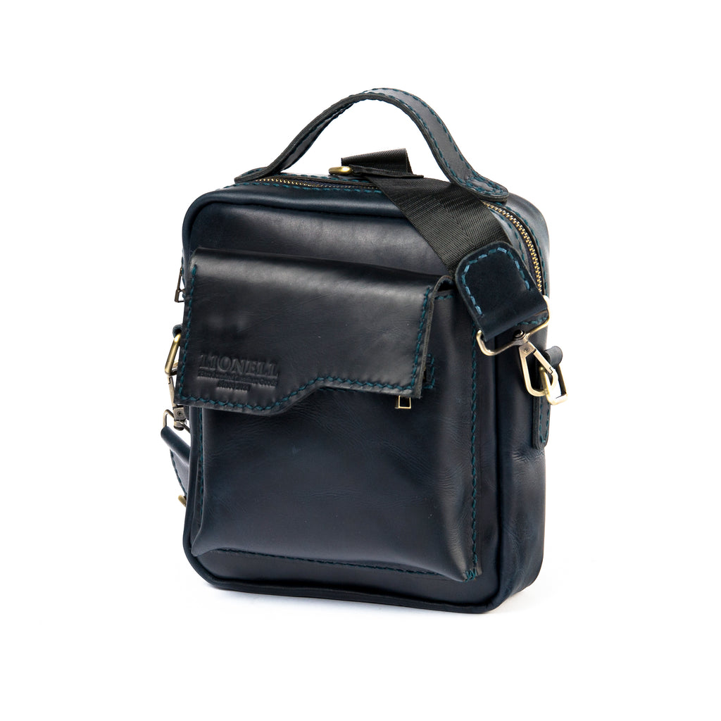Front view of Lionell vintage leather crossbody bag for men in Navy color on white background.