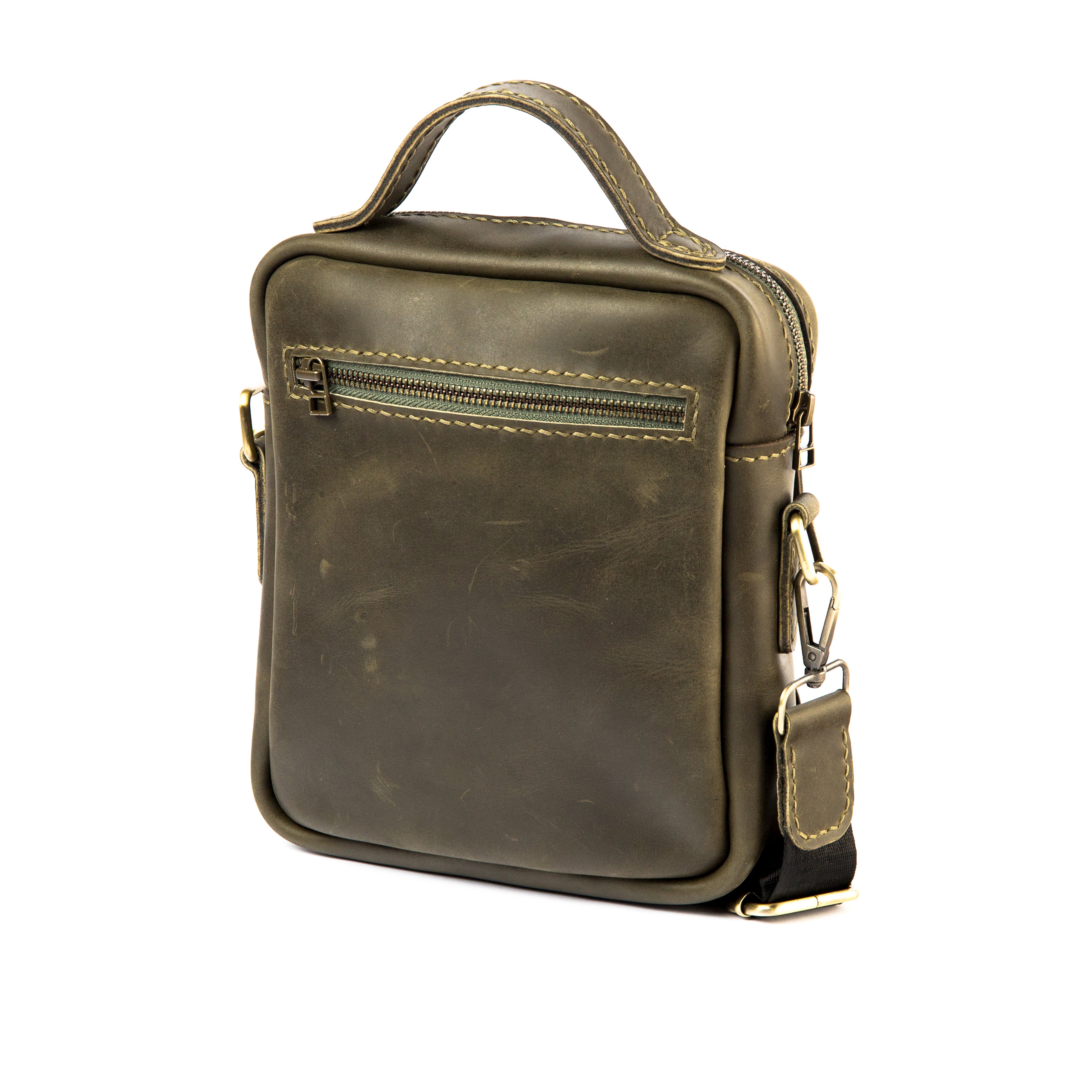 Back view of Lionell vintage leather crossbody bag for men in Royal Oil color on white background.