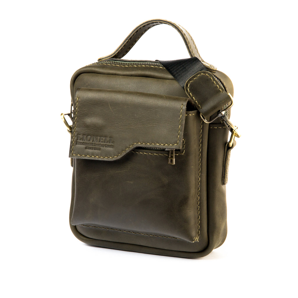 front view of Lionell vintage leather crossbody bag for men in Royal Oil color on white background.
